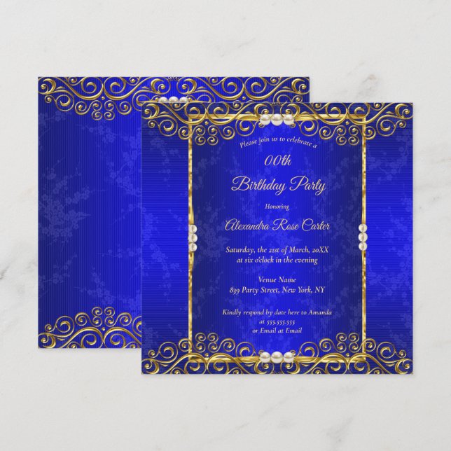 Elegant Royal blue Gold White Pearl Birthday Party Invitation (Front/Back)