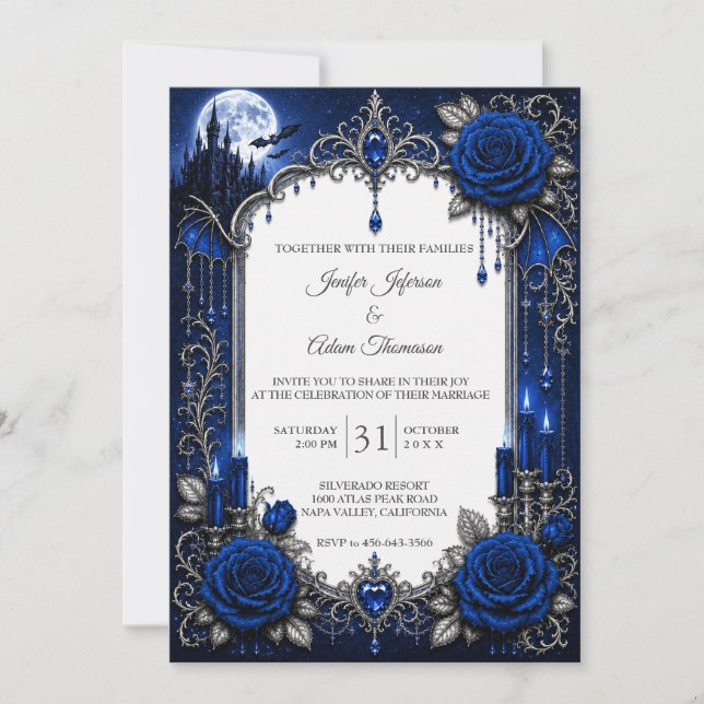 Elegant Royal Blue Gothic Wedding Invitation (Front)