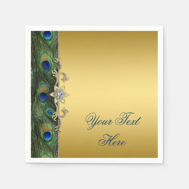 Elegant Royal Blue Green and Gold Peacock Napkin (Front)