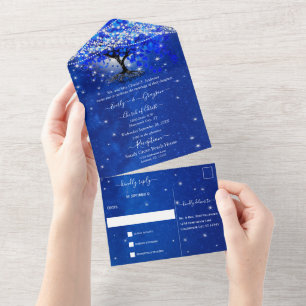 Elegant Royal Blue Heart Leaf Tree Wedding All In All In One Invitation