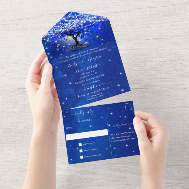 Elegant Royal Blue Heart Leaf Tree Wedding All In  One Invitation (Tearaway)