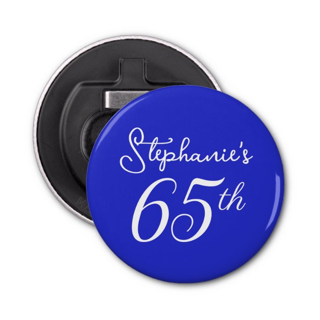 Elegant Royal Blue Monogram 65th Birthday Party Bottle Opener (Front)