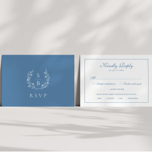 Elegant Royal Blue Monogram Botanical Wreath RSVP Enclosure Card