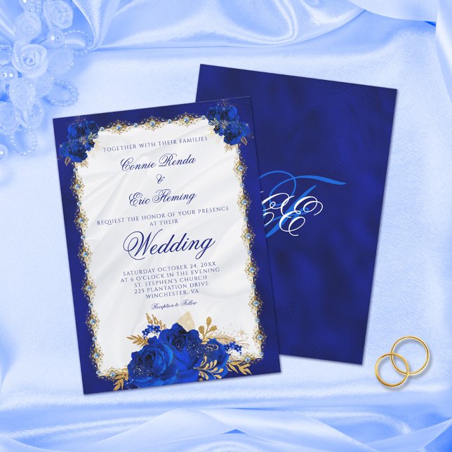 Elegant Royal Blue Monogram Roses Formal Wedding Invitation (Creator Uploaded)