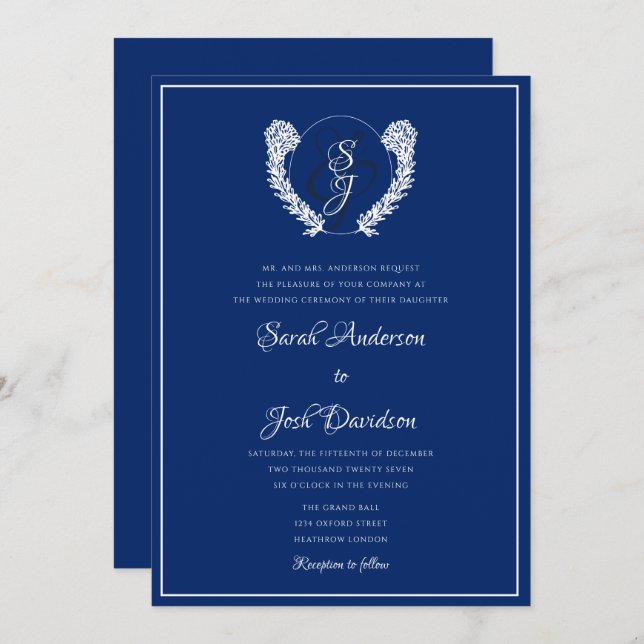 Elegant Royal Blue Monogram Wedding  Invitation (Front/Back)