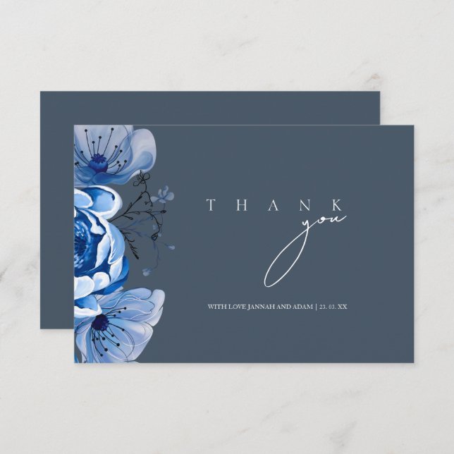 Elegant Royal Blue Opulence Floral Roses Wedding Thank You Card (Front/Back)