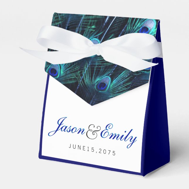 Elegant Royal Blue Peacock Wedding Favour Box (Front Side)