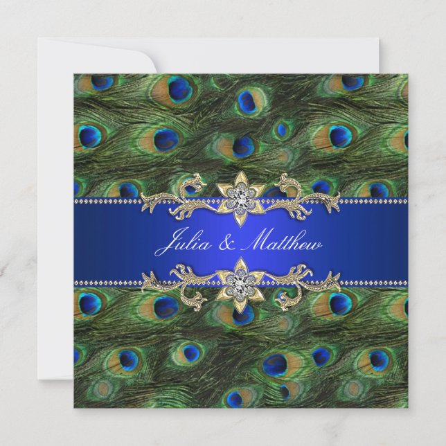 Elegant Royal Blue Peacock Wedding Invitation (Front)