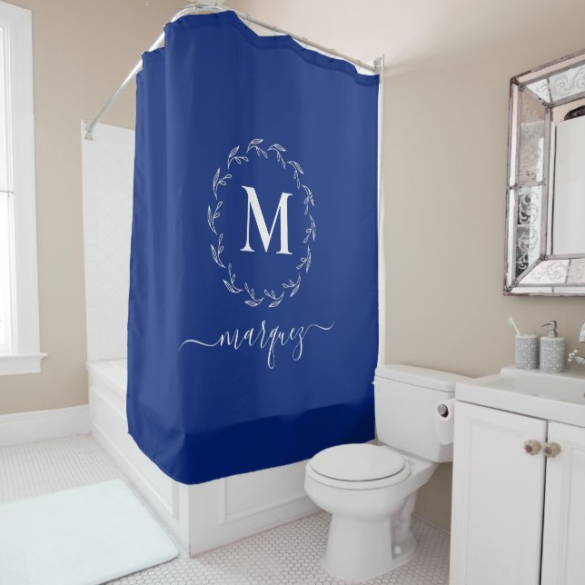 Elegant Royal Blue Personalised Wreath Monogram Shower Curtain (In Situ)