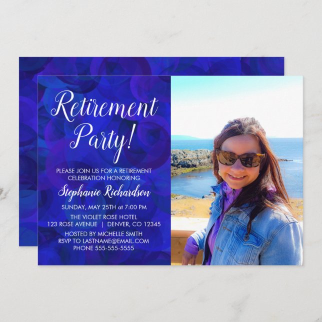 Elegant Royal Blue Photo Retirement Party Invitation (Front/Back)