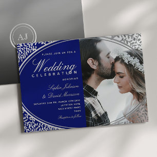 Elegant Royal Blue Photo Wedding Invitation