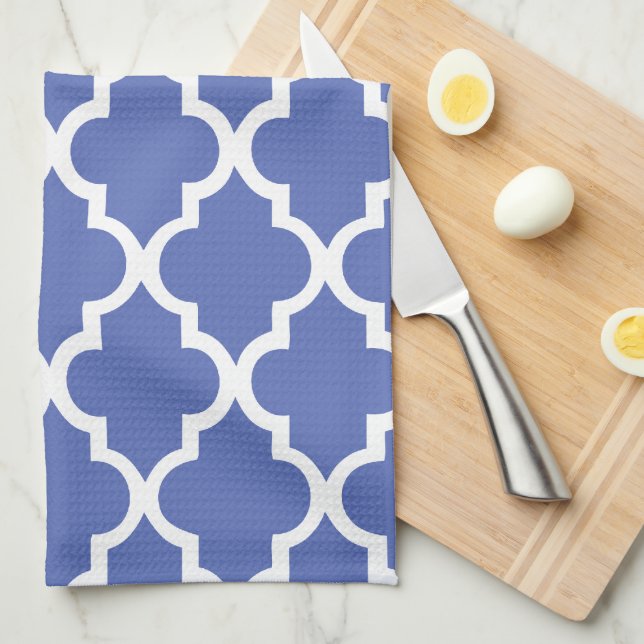 Elegant Royal Blue Quatrefoil Tiles Pattern Tea Towel (Quarter Fold)