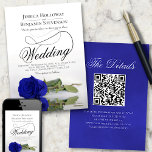 Elegant Royal Blue Rose Fancy QR Code Wedding Invitation<br><div class="desc">This beautiful wedding invitation features a gorgeous photograph of a single long stemmed royal blue or cobalt coloured rose lying on its side reflecting in a pool of water with waves and ripples. The design features a fancy calligraphy script with a long curly tail making it both modern and classic....</div>