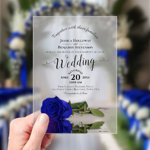 Elegant Royal Blue Rose Lacy Calligraphy Wedding Acrylic Invitations