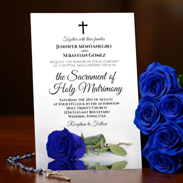 Elegant Royal Blue Rose Modern Catholic Wedding Invitation (Creator Uploaded)