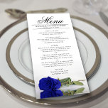 Elegant Royal Blue Rose with Reflections Wedding Menu<br><div class="desc">This beautiful menu will add some style to your wedding reception. It features a beautiful and romantic design with a single vivid royal blue or cobalt coloured rose lying on its side reflecting in a pool of water with waves and ripples. There is space for the names of the couple...</div>