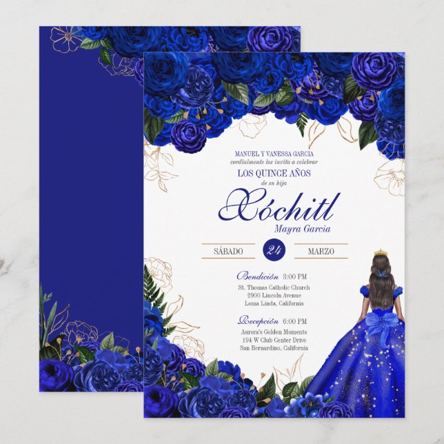 Elegant Royal Blue Roses Floral Quinceañera Invitation (Front/Back)