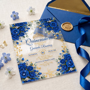 Elegant Royal Blue Roses Golden Quinceañera Acrylic Invitations