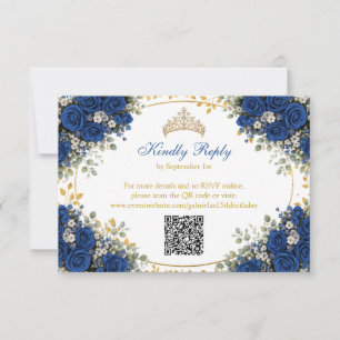 Elegant Royal Blue Roses Golden Quinceañera RSVP Card