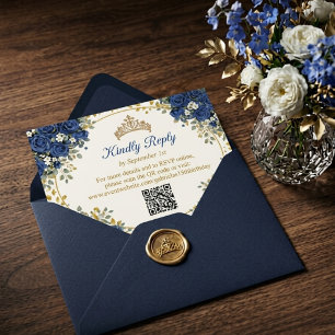 Elegant Royal Blue Roses Golden Quinceañera RSVP Card