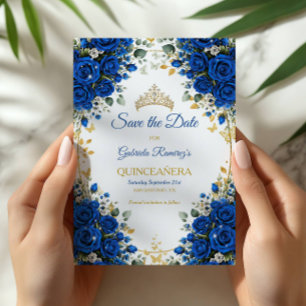 Elegant Royal Blue Roses Golden Quinceañera Save The Date