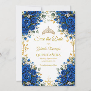 Elegant Royal Blue Roses Golden Quinceañera Save The Date