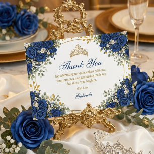 Elegant Royal Blue Roses Golden Quinceañera Thank You Card