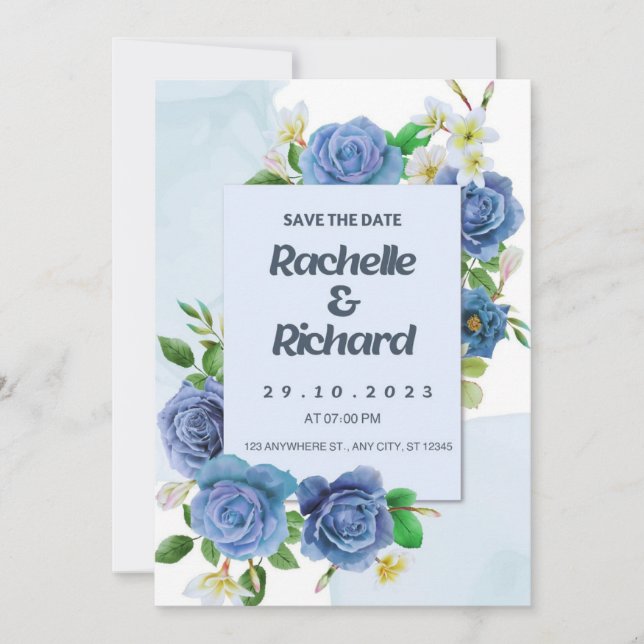 Elegant royal blue roses wedding invitation card (Front)