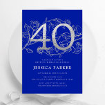 Elegant Royal Blue Silver 40th Birthday Invitation<br><div class="desc">Elegant royal blue silver 40th birthday party invitation. Customisable modern feminine design featuring roses botanical accents and faux glitter silver. Simple floral invite card perfect for a stylish female bday celebration. Personalise with your own details. Printed Zazzle invitations or instant download digital printable template.</div>