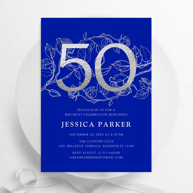 Elegant Royal Blue Silver 50th Birthday Invitation (Creator Uploaded)