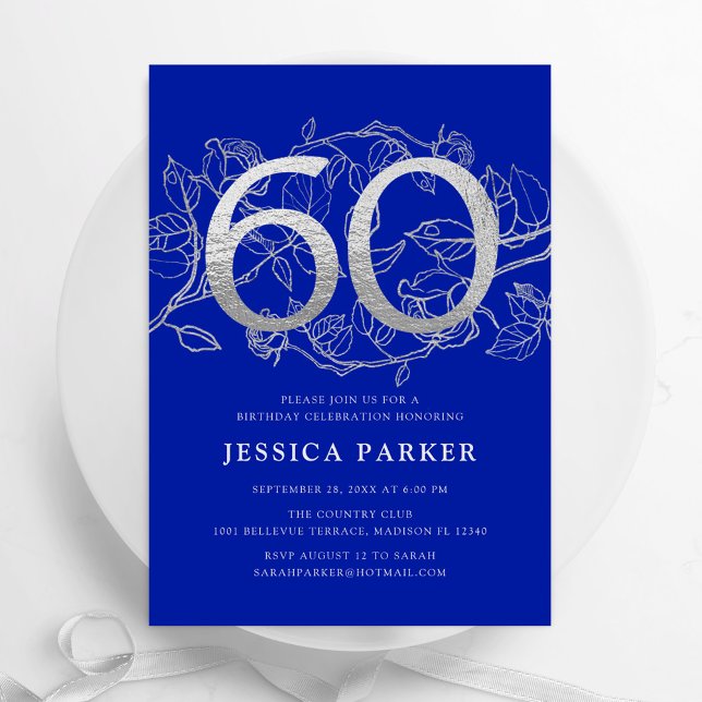 Elegant Royal Blue Silver 60th Birthday Invitation (Creator Uploaded)