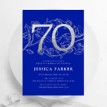 Elegant Royal Blue Silver 70th Birthday Invitation<br><div class="desc">Elegant royal blue silver 70th birthday party invitation. Customisable modern feminine design featuring roses botanical accents and faux glitter silver. Simple floral invite card perfect for a stylish female bday celebration. Personalise with your own details. Printed Zazzle invitations or instant download digital printable template.</div>