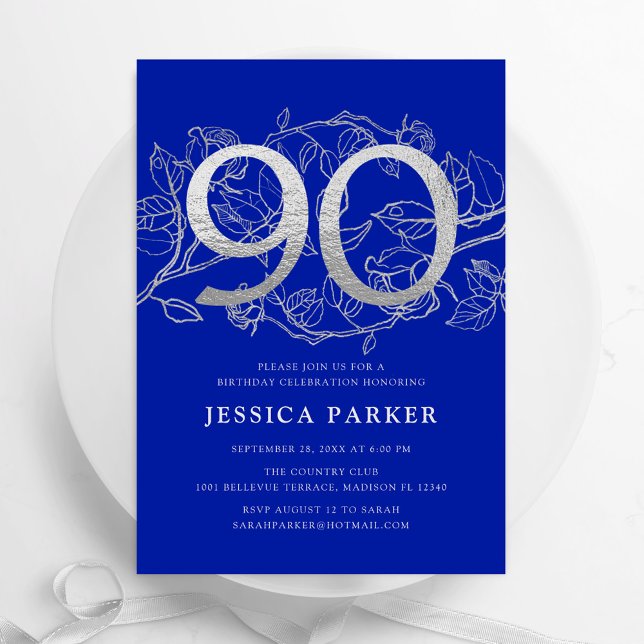 Elegant Royal Blue Silver 90th Birthday Invitation (Creator Uploaded)