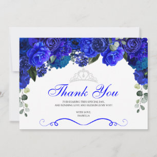 Elegant Royal Blue Silver Floral Quinceanera Thank You Card