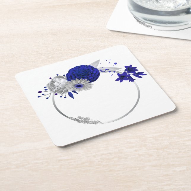 elegant royal blue & silver flowers square paper coaster (Angled)