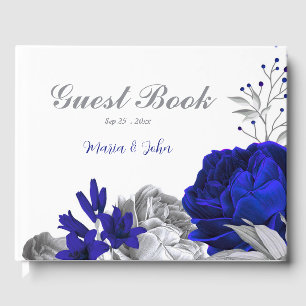 elegant royal blue silver flowers wedding guest book
