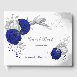 elegant royal blue silver flowers wedding guest book