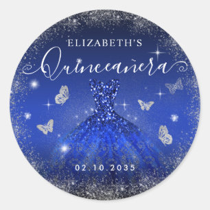 Elegant Royal Blue Silver Glitter Gown Quinceañera Classic Round Sticker