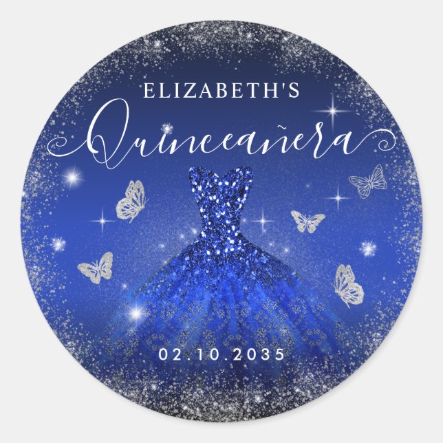 Elegant Royal Blue Silver Glitter Gown Quinceañera Classic Round Sticker (Front)