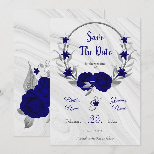 elegant royal blue silver grey floral save the dat date (Front/Back)