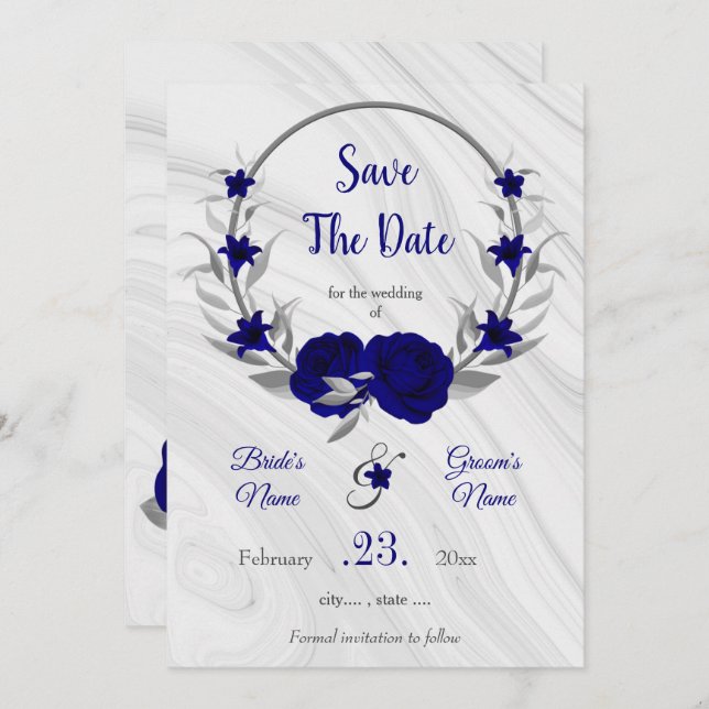 elegant royal blue silver grey floral save the dat save the date (Front/Back)