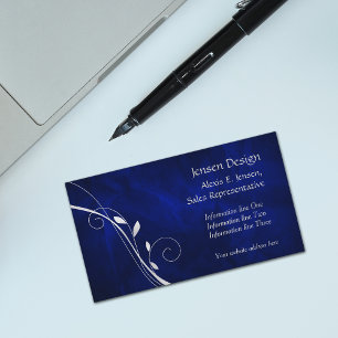 Elegant Royal Blue Silver Leaf Swirl Business Card