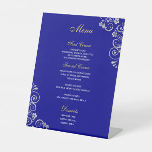 Elegant Royal Blue Silver Script Wedding Menu Pedestal Sign