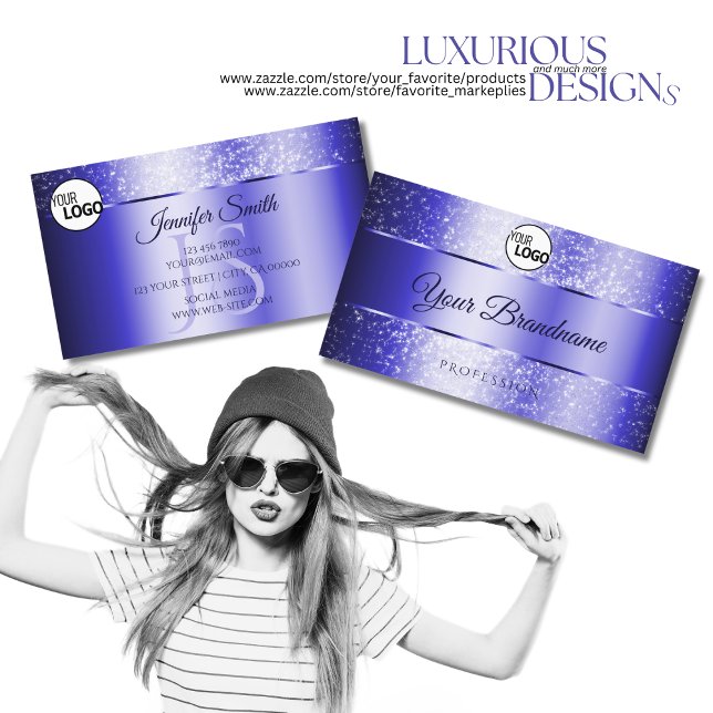 Elegant Royal Blue Sparkling Glitter Logo Monogram Business Card (Creator Uploaded)