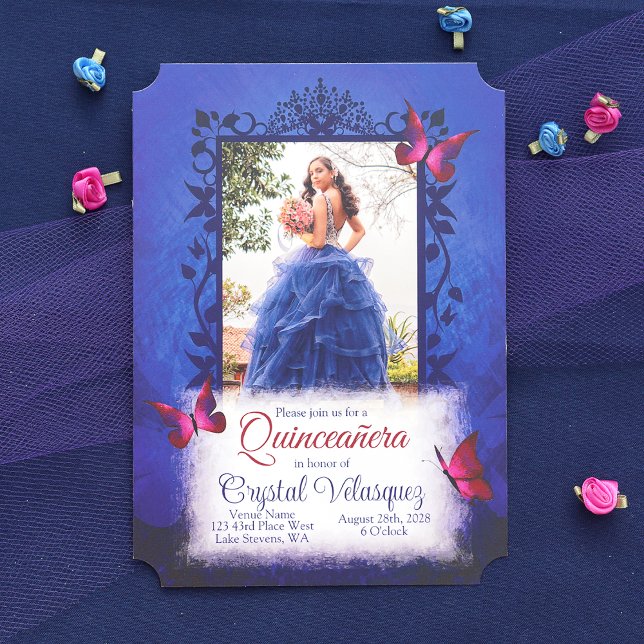Elegant Royal Blue w/ Red Butterflies Quinceanera Invitation (Fancy Royal Blue and Hot Pink Butterflies Quinceanera Invitation with Script Writing Digital Sharing)