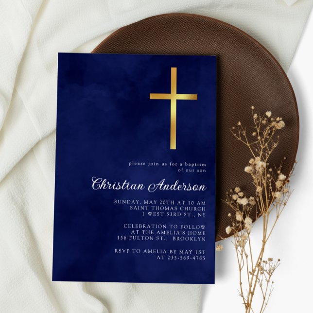 Elegant Royal Blue Watercolor Baptism Boy Invitation (Creator Uploaded)