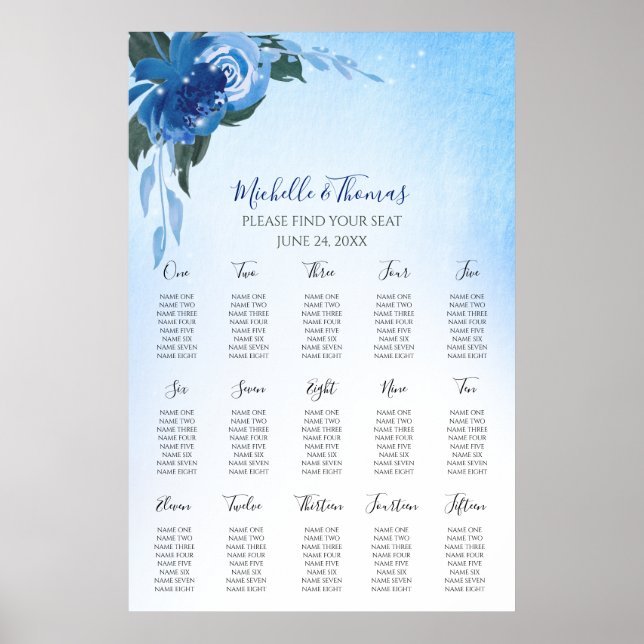 Elegant Royal Blue Watercolor Floral Greenery Poster (Front)
