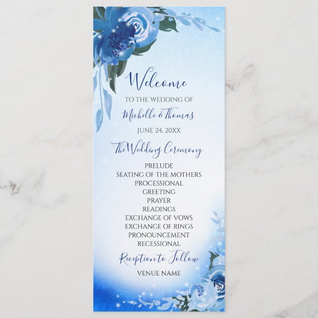 Elegant Royal Blue Watercolor Floral Greenery Programme (Front)