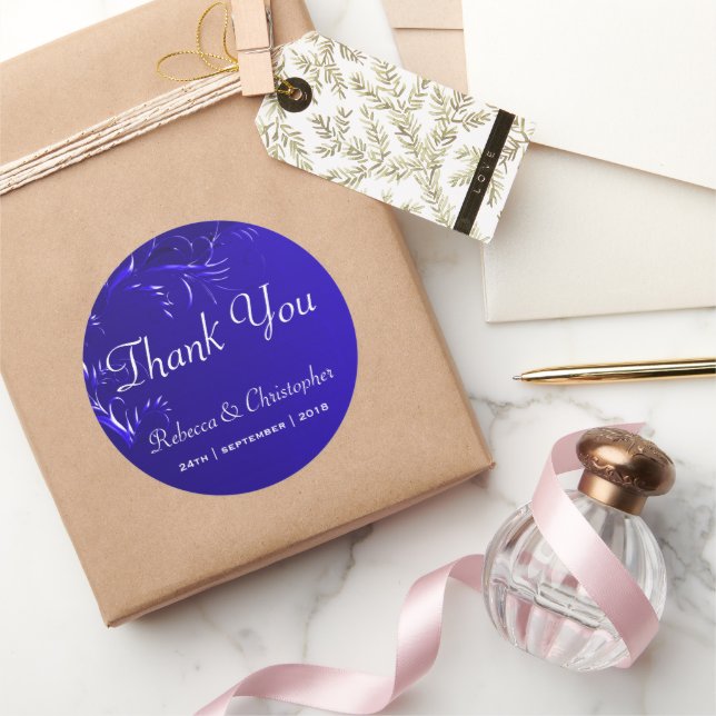 Elegant Royal Blue Wedding Thank You Classic Round Sticker (Gifting)