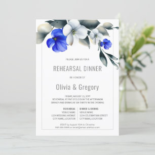 Elegant Royal Blue White Floral Rehearsal Dinner Invitation
